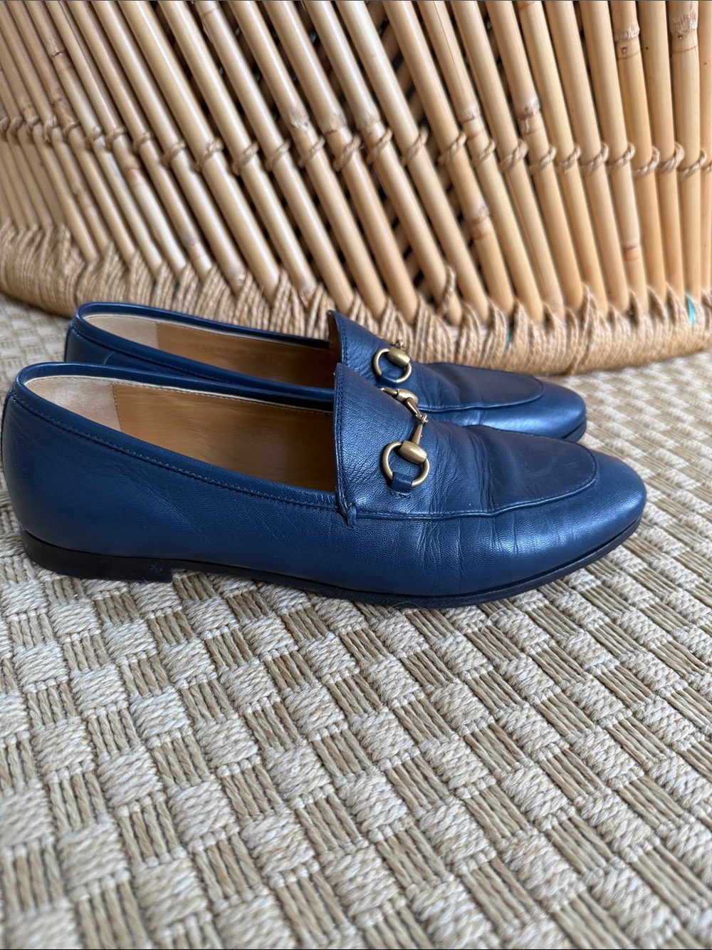 Gucci Jordaan Horsebit Leather Loafer Navy Blue Agata Blue Loafers 38 1/2